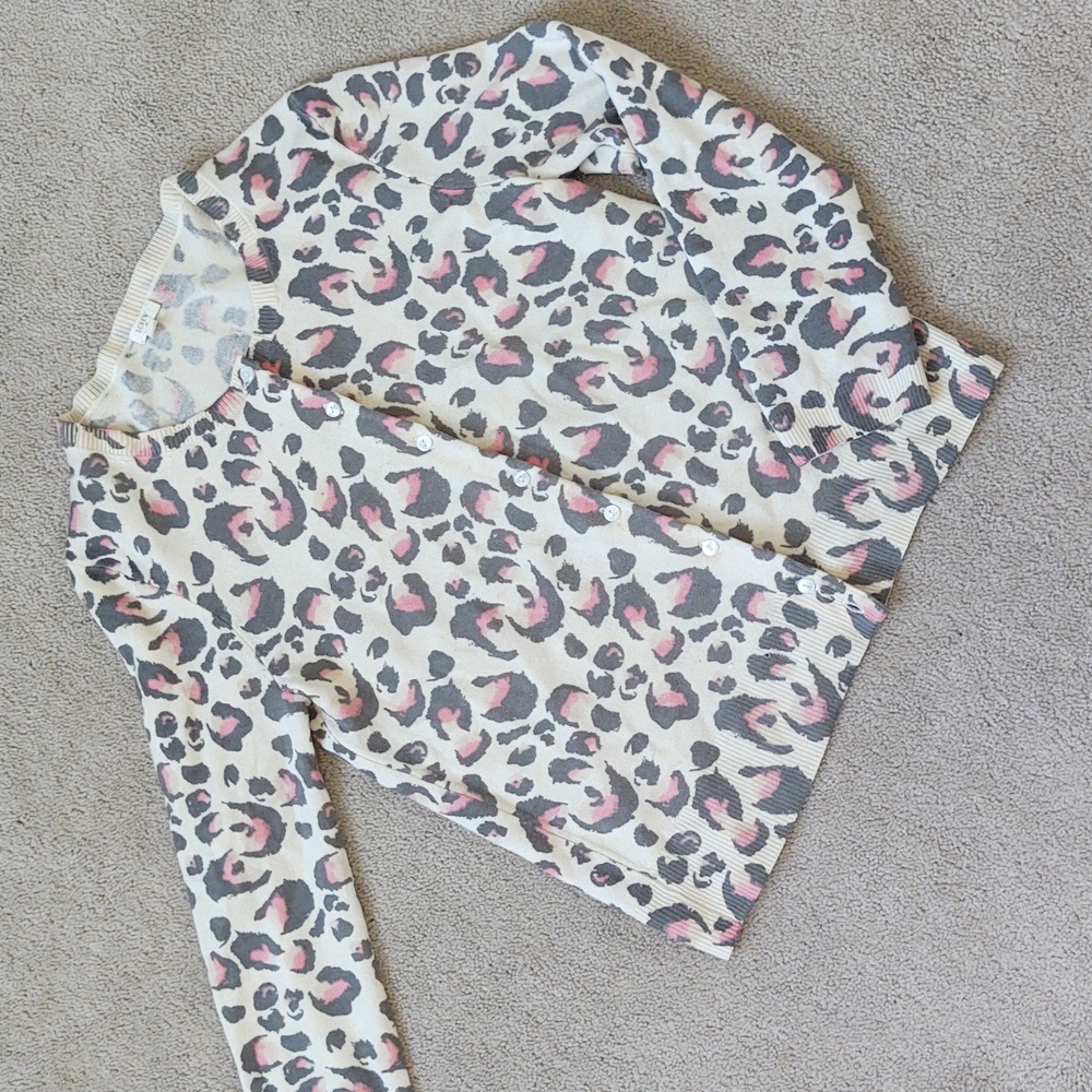 VGUC J. Crew off-white, grey, and pink animal print button front cardigan - Picture 2 of 6